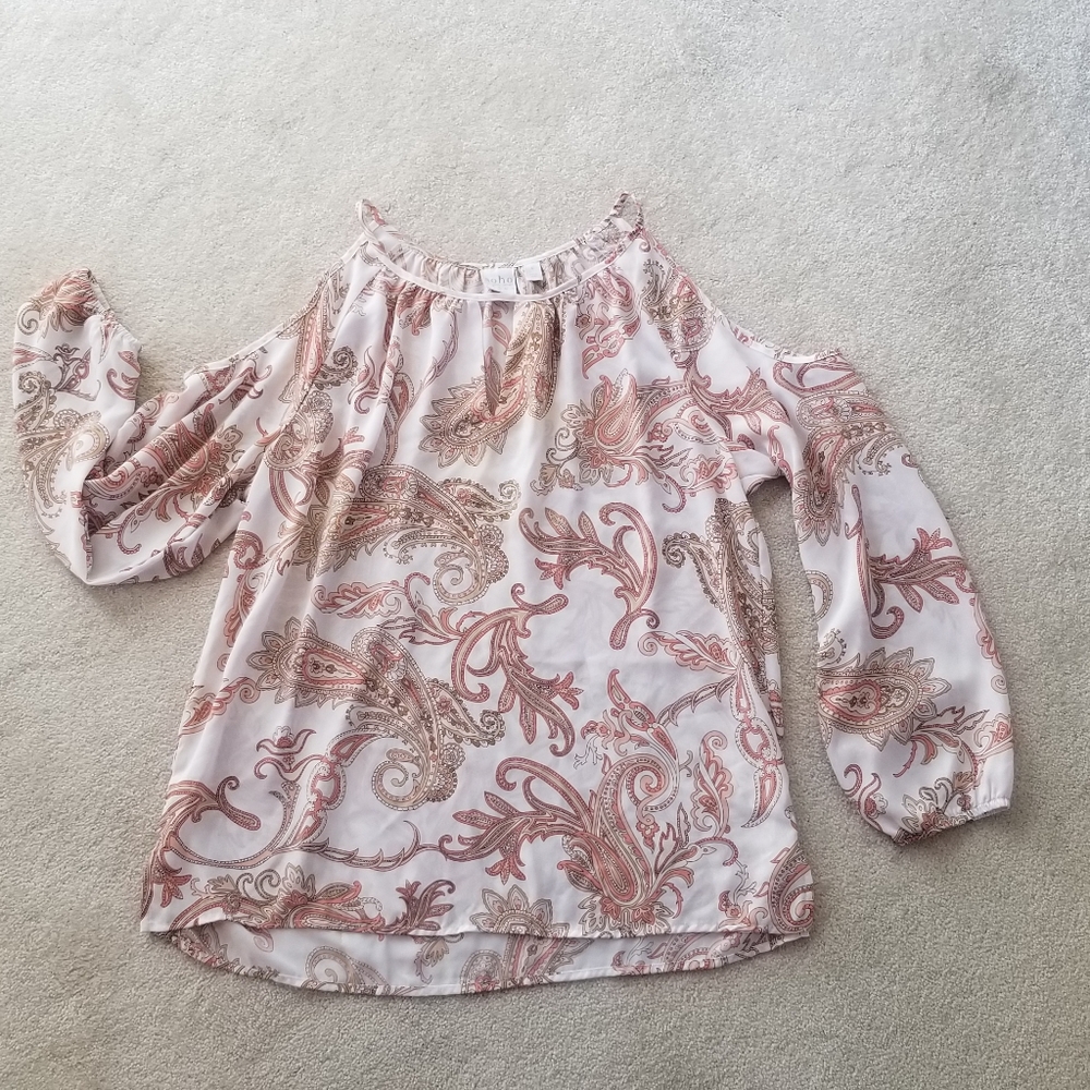 NY&C- Paisley printed, open shoulder women's blouse, size large, gently worn.